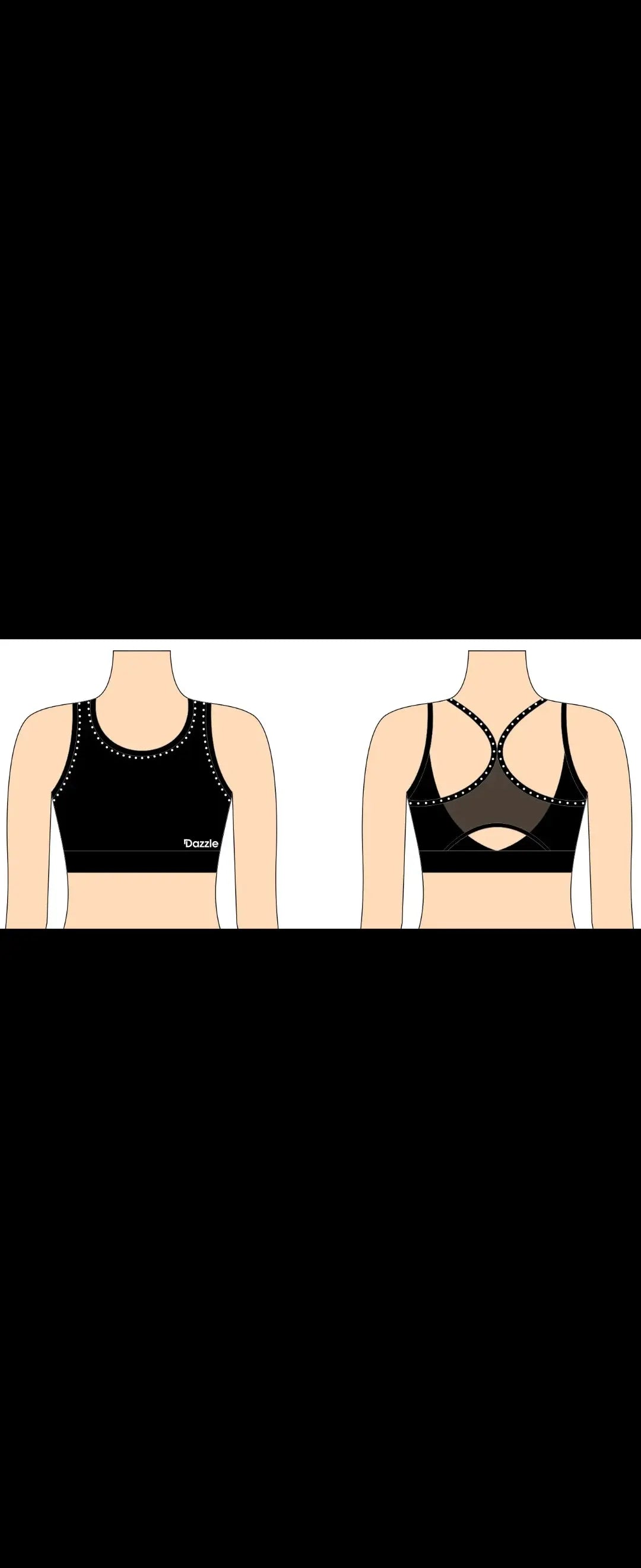 Brassière de sport noir avec strass et dos original – parfait pour les jeunes gymnastes DAZZLE