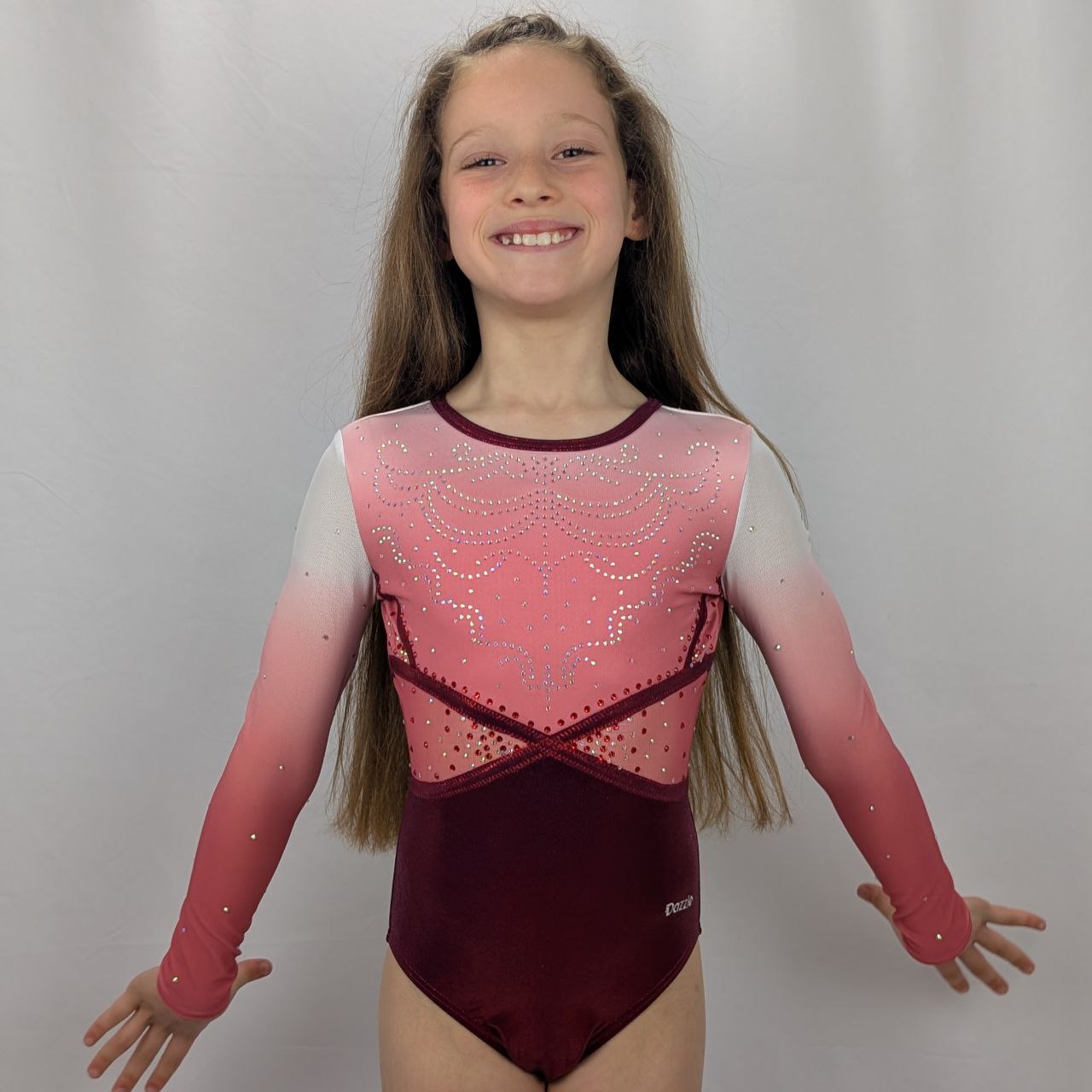 justaucorps de gym dos ouvert rubis manches longues dazzle strass dos croisé