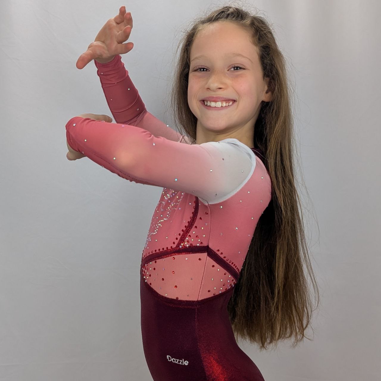 justaucorps de gym dos ouvert rubis manches longues dazzle strass dos croisé compéttion