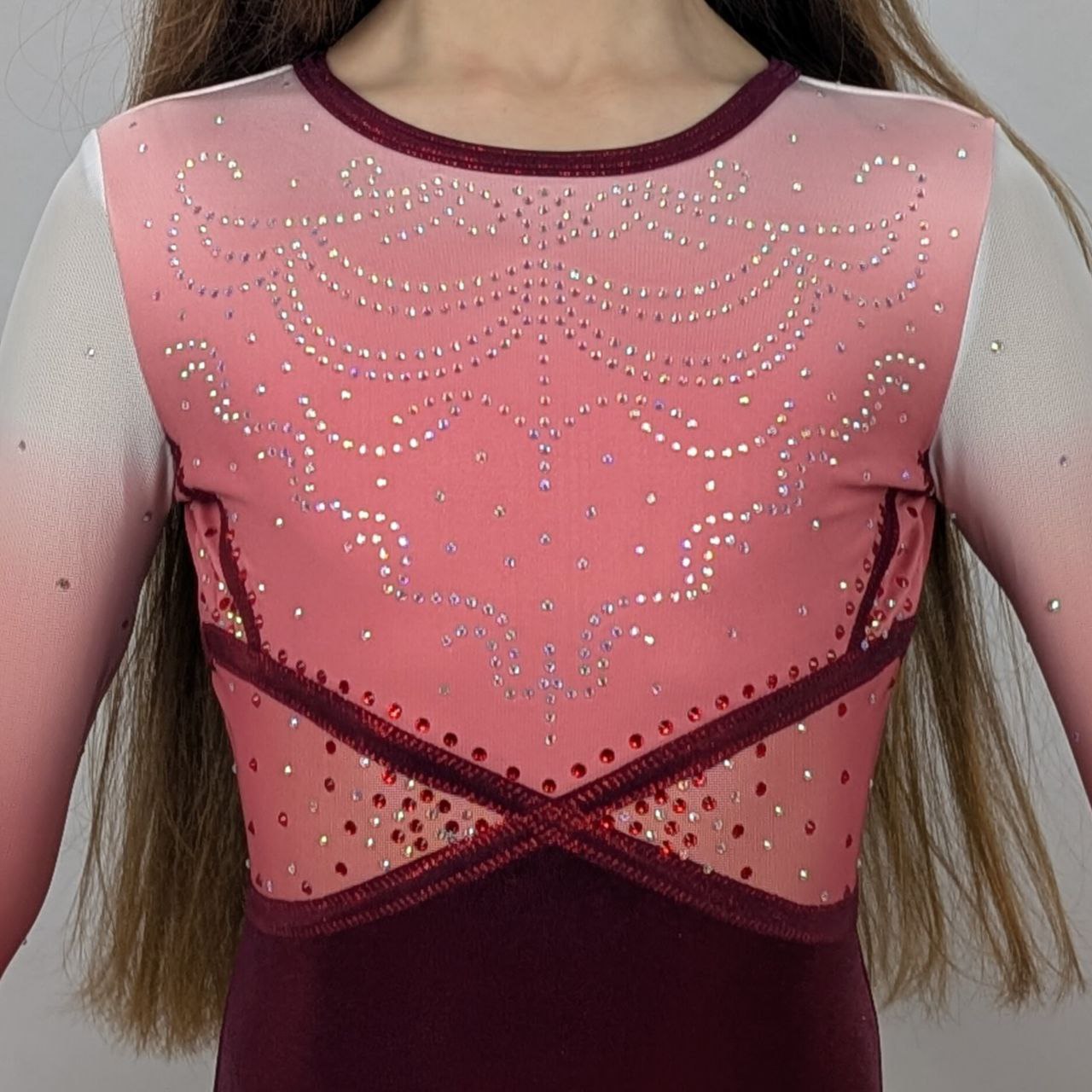 justaucorps de gym dos ouvert rubis manches longues dazzle strass dos croisé compéttion