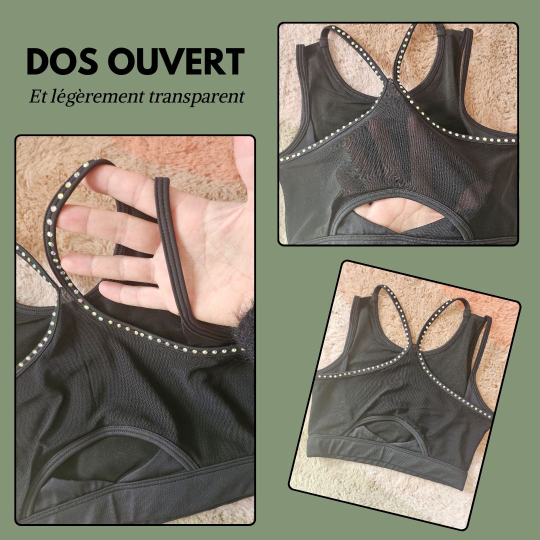 Soutien-gorge de sport noir avec strass et dos original – parfait pour les jeunes gymnastes