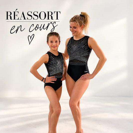 Justaucorps « Dazzle » de Gym Noir à strass-lycra premium doublé, manches courtes DAZZLE