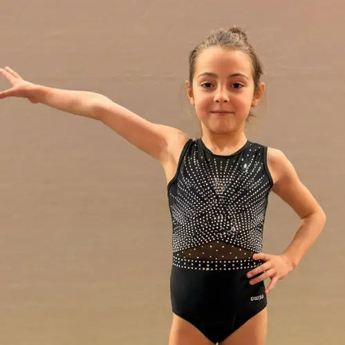 Justaucorps de Gym Noir à strass-lycra premium doublé, manches courtes DAZZLE