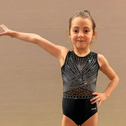Justaucorps de Gym Noir à strass-lycra premium doublé, manches courtes DAZZLE