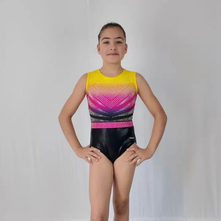 Justaucorps de gym fille noir rose et jaune à strass entraînement et compétition