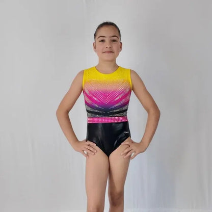Justaucorps de gym fille noir rose et jaune à strass entraînement et compétition