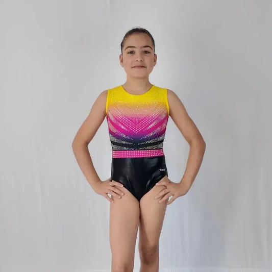 Justaucorps de gym fille noir rose et jaune à strass entraînement et compétition