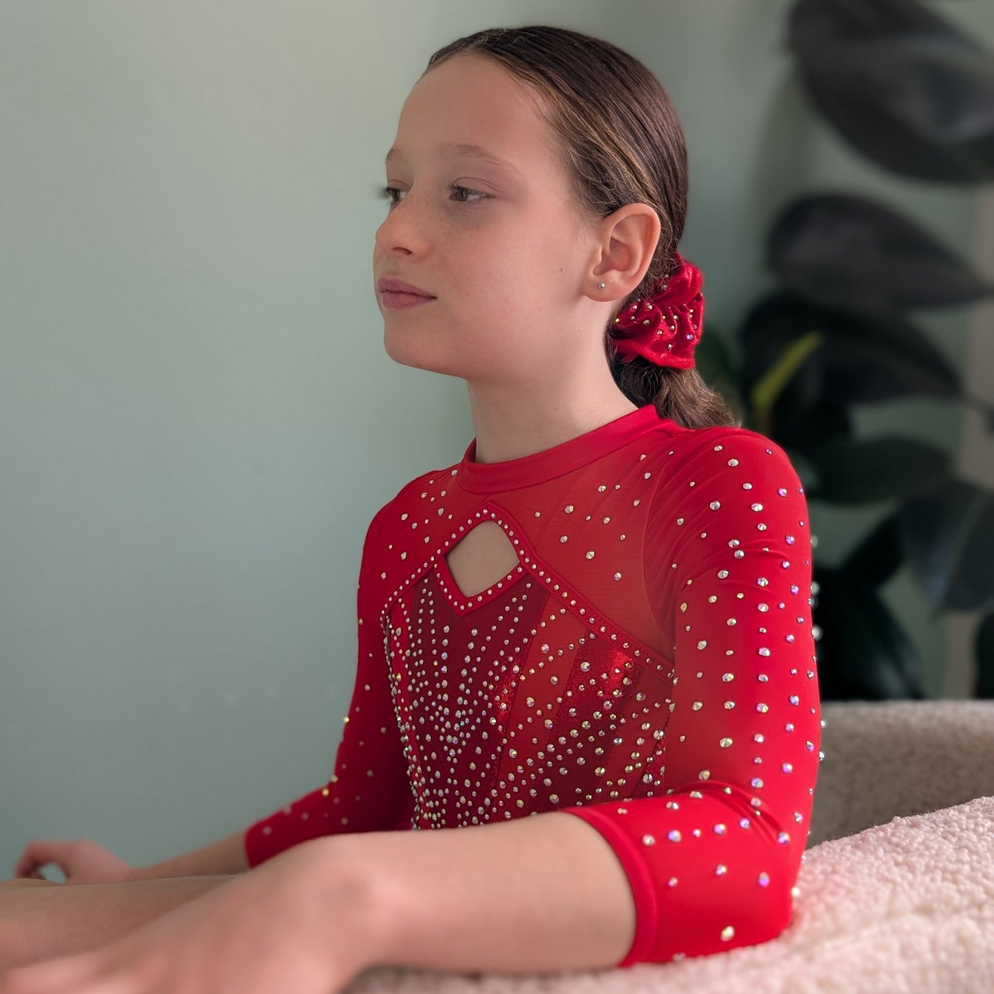 Justaucorps de gym fille "passion", dazzle compétition et entrainement rouge vif manches longues dos ouvert