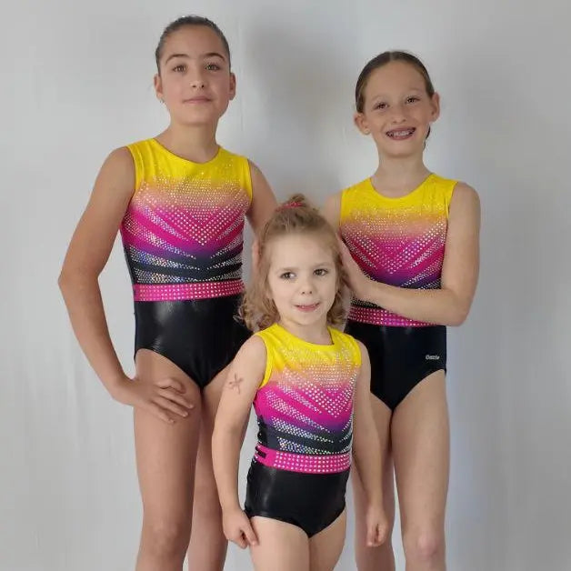 Justaucorps de gym noir rose et jaune à strass entrainement et compétition dazzle