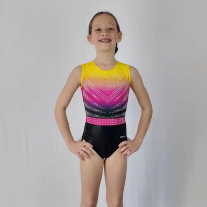 Justaucorps de gym noir rose et jaune à strass entrainement et compétition dazzle
