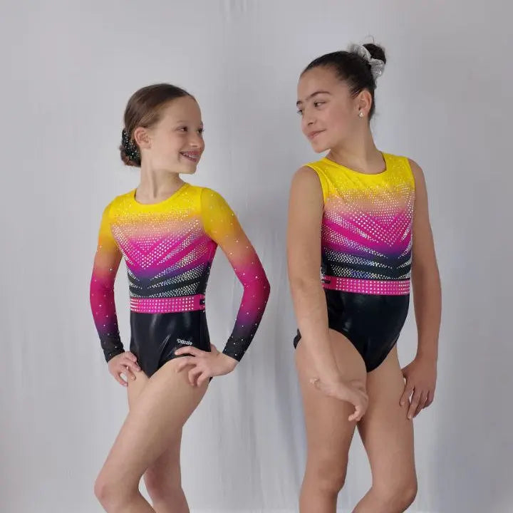 Justaucorps de gym noir rose et jaune à strass entrainement et compétition dazzle