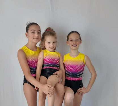 Justaucorps de gym noir rose et jaune à strass entrainement et compétition dazzle