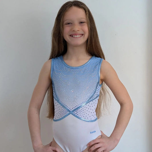 justaucorps de gym fille bleu claire manches courtes dazzle entrainement et compétition