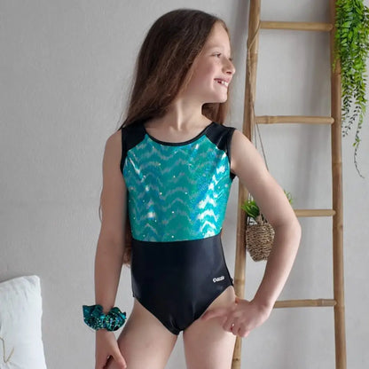 justaucorps de gym fille séléna bleu et noir manche courtes entrainement et compétition