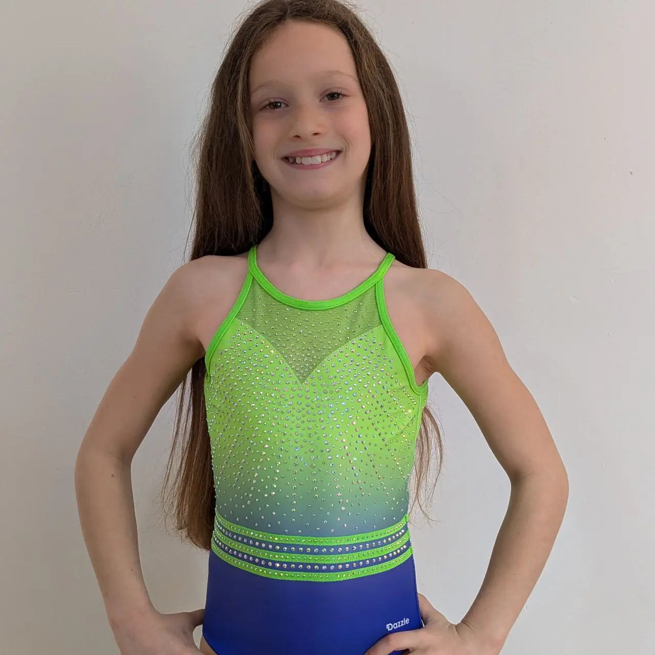 justaucorps de gym fille bleu vert dos ouvert manches courtes dazzle entrainement et compétition