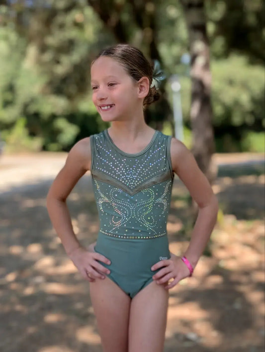 justaucorps de gym vert kaki lena manches courtes entrainement et compétition