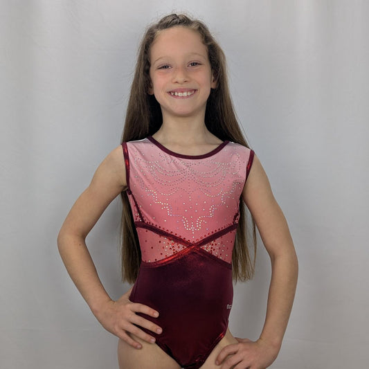 justaucorps de gym dos ouvert  rubis manches courtes dazzle strass dos croisé 