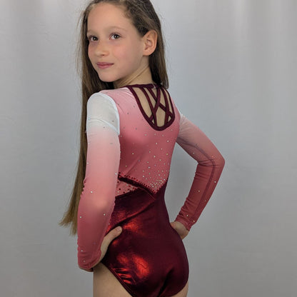 justaucorps de gym dos ouvert  rubis manches longues dazzle strass dos croisé compéttion