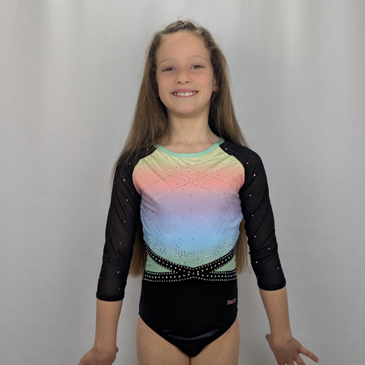 justaucorps de gym noir  manches longues dos croisé compétition strass dazzle