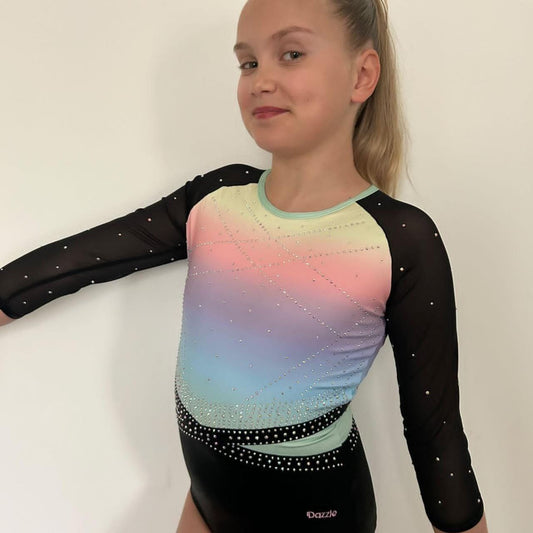 justaucorps de gym noir  manches longues dos croisé compétition strass dazzle
