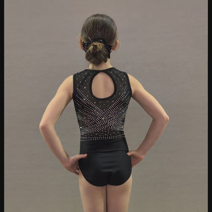 Justaucorps de Gym Noir à strass-lycra premium doublé, manches courtes